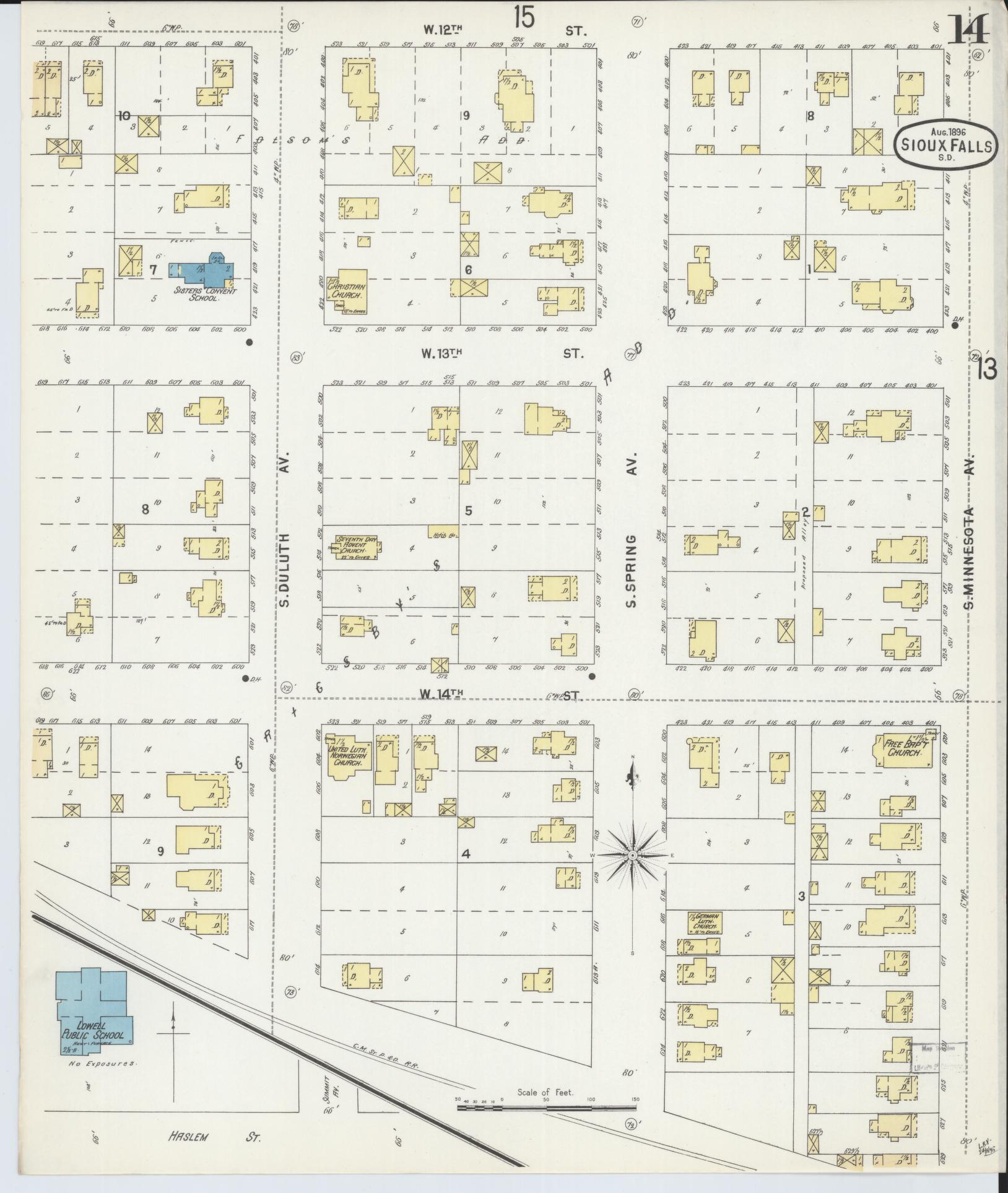 Sanborn Fire Insurance Map from Sioux Falls, Minnehaha County, South Dakota (1896), Sheet #0014 - Complete Map Set gallery image, historic Sanborn map, vintage wall art, South Dakota South Dakota