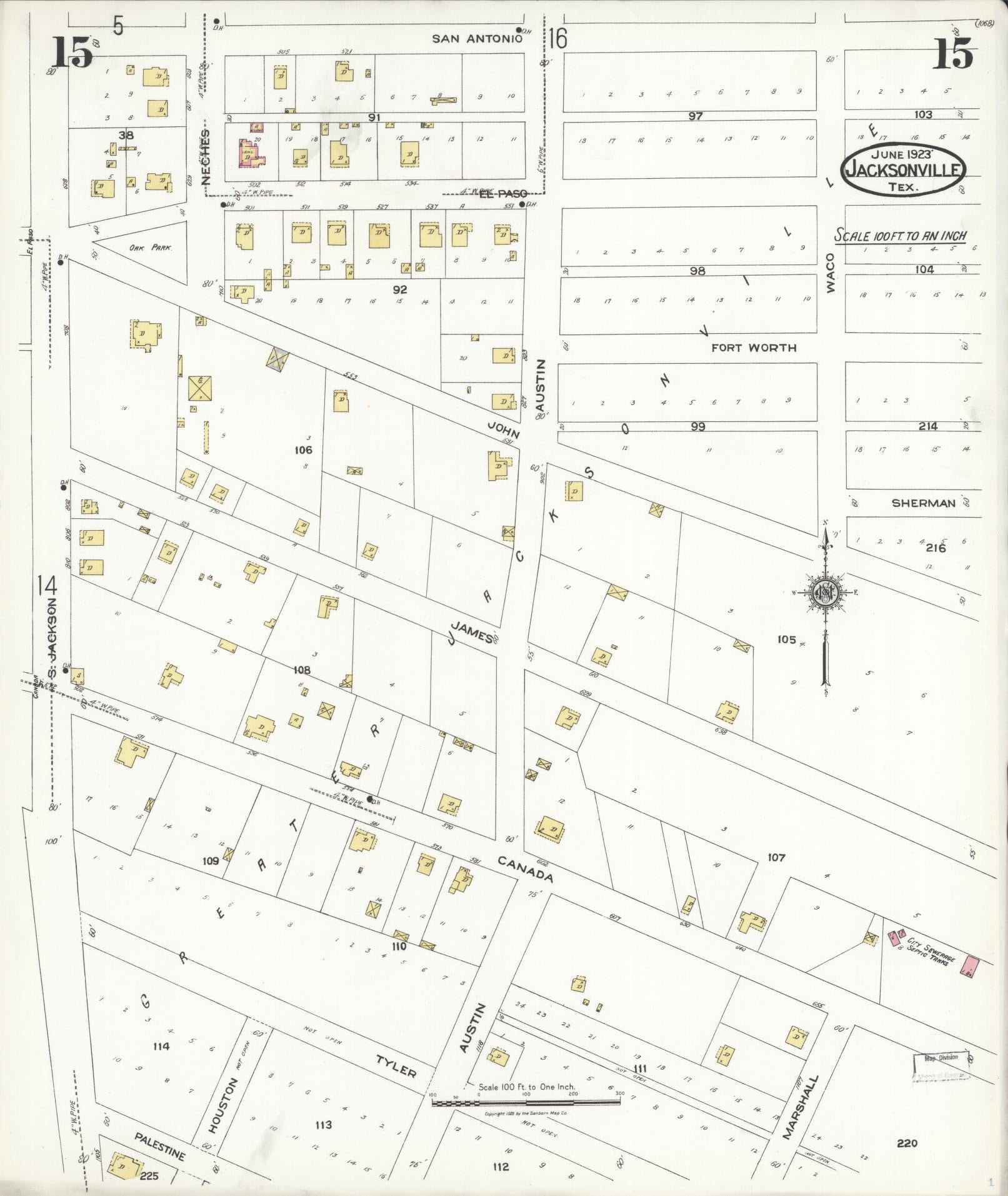 Sanborn Fire Insurance Map from Jacksonville, Cherokee County, Texas. (1923), Sheet 15 – Historic Sanborn Fire Insurance Map Print