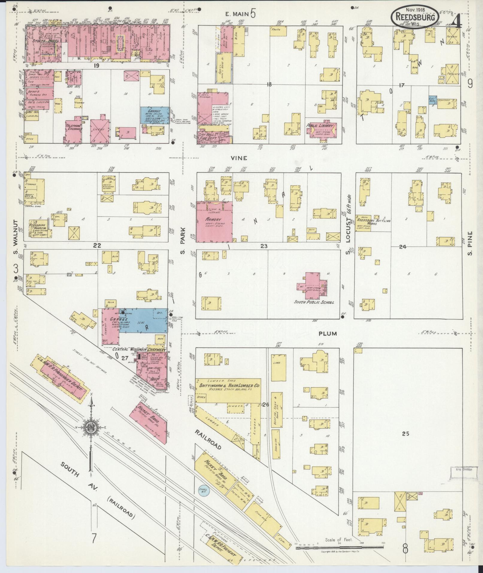 Sanborn Fire Insurance Map from Reedsburg, Sauk County, Wisconsin (1918), Sheet #0004 - Complete Map Set gallery image, historic Sanborn map, vintage wall art, Wisconsin Wisconsin