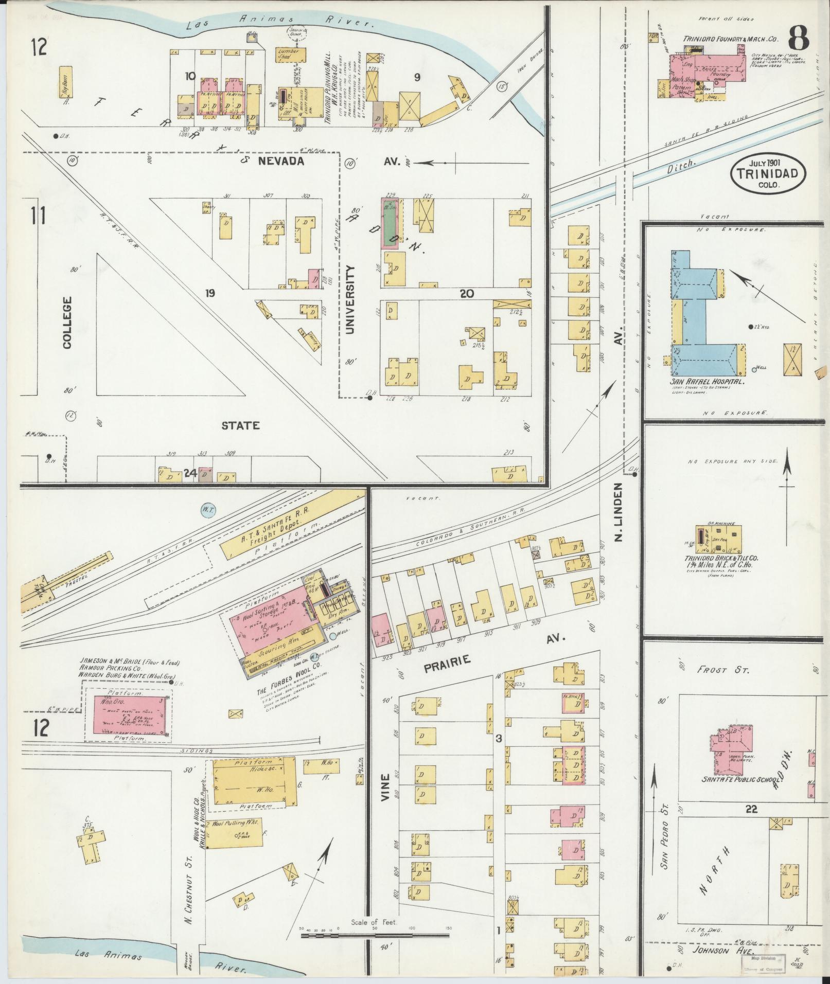 Sanborn Fire Insurance Map from Trinidad, Las Animas County, Colorado (1901), Sheet #0008 - Historic Sanborn Fire Insurance Map Print, vintage old map wall art, antique decor, genealogy gift, Colorado Colorado map