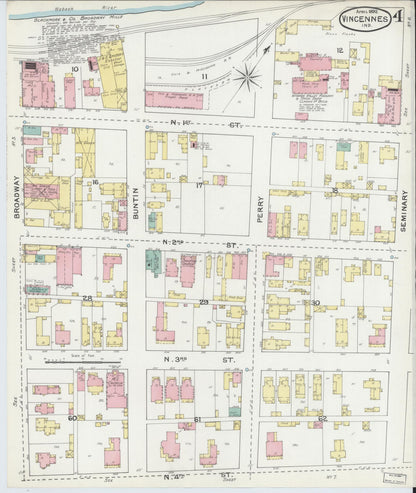 Sanborn Fire Insurance Map from Vincennes, Knox County, Indiana (1892), Sheet #0004 - Complete Map Set gallery image, historic Sanborn map, vintage wall art, Indiana Indiana