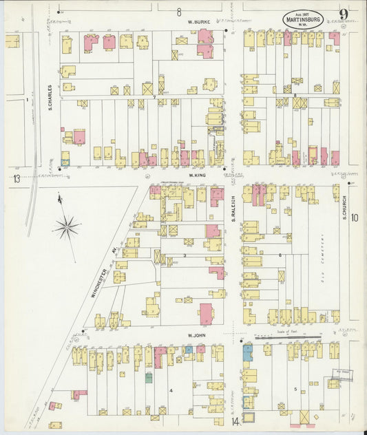 Sanborn Fire Insurance Map from Martinsburg, Berkeley County, West Virginia (1907), Sheet #0009 - Historic Sanborn Fire Insurance Map Print, vintage old map wall art, antique decor, genealogy gift, West Virginia West Virginia map