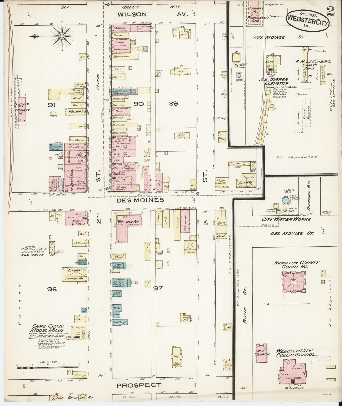 Sanborn Fire Insurance Map from Webster City, Hamilton County, Iowa (1885), Sheet #0002 - Historic Sanborn Fire Insurance Map Print, vintage old map wall art