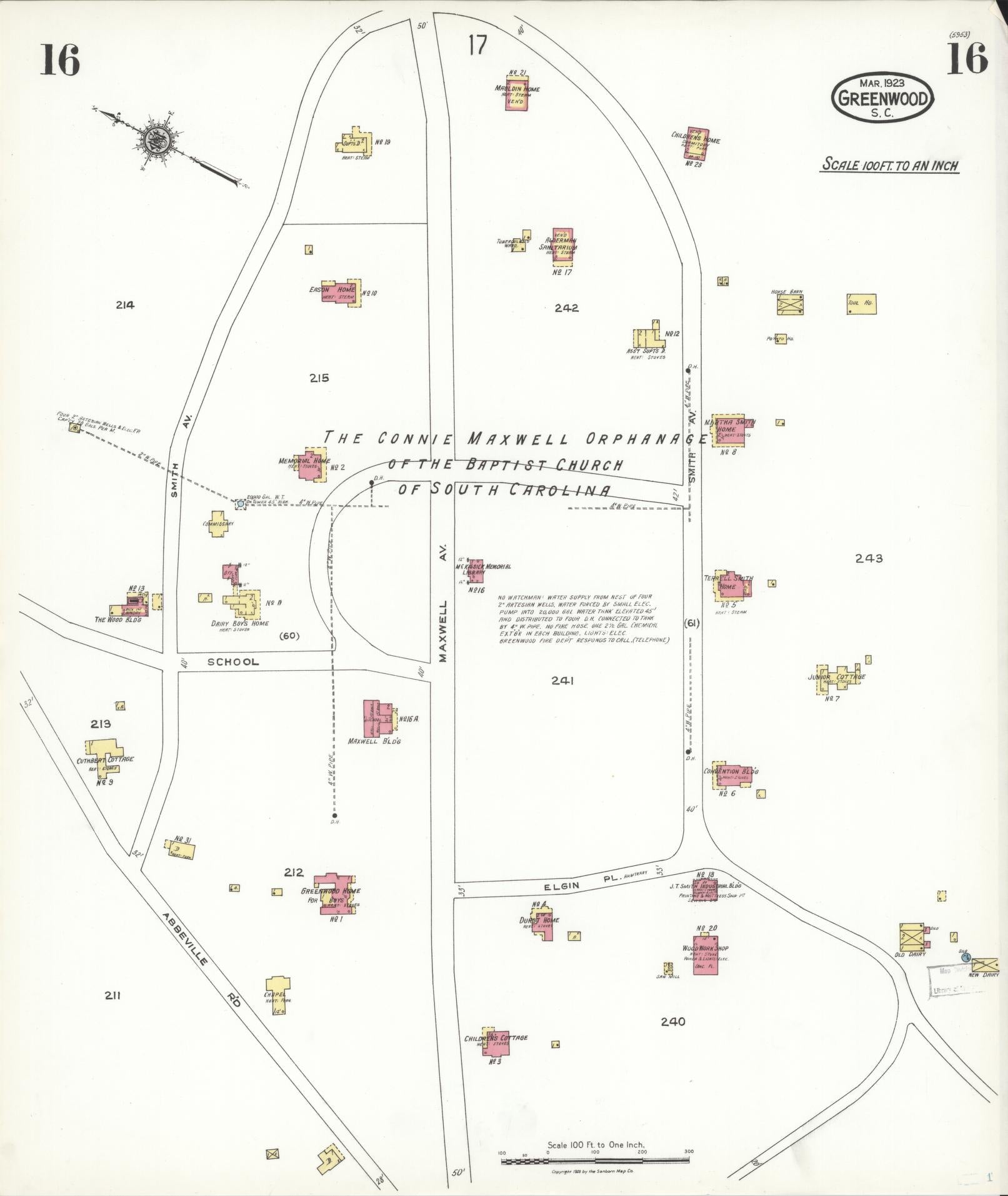 Sanborn Fire Insurance Map from Greenwood, Greenwood County, South Carolina (1923), Sheet #0016 - Complete Map Set gallery image, historic Sanborn map, vintage wall art, South Carolina South Carolina