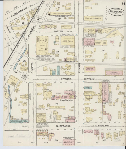 Sanborn Fire Insurance Map from Kalamazoo, Kalamazoo County, Michigan (1887), Sheet #0006 - Historic Sanborn Fire Insurance Map Print, vintage old map wall art, antique decor, genealogy gift, Michigan Michigan map