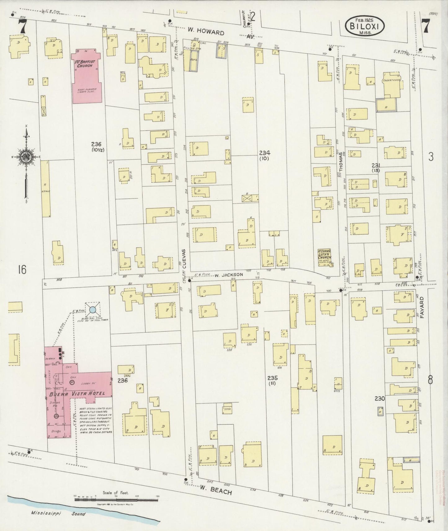 Sanborn Fire Insurance Map from Biloxi, Harrison County, Mississippi (1925), Sheet #0007 - Complete Map Set gallery image, historic Sanborn map, vintage wall art, Mississippi Mississippi