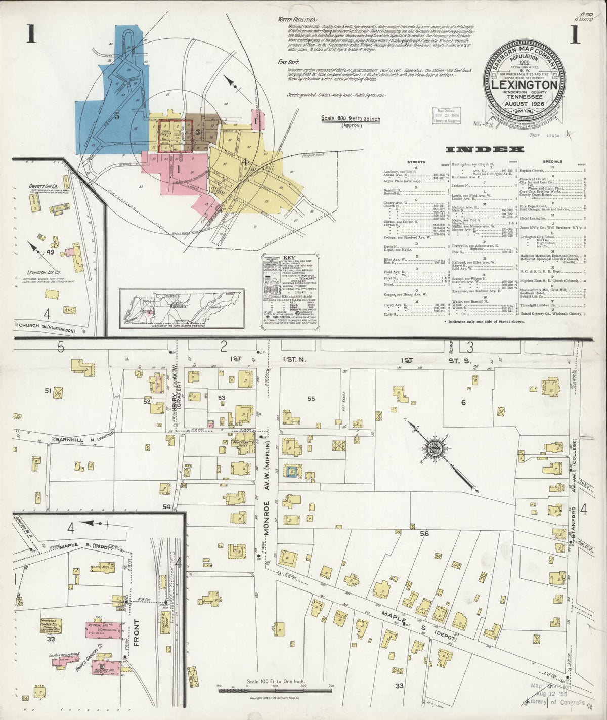 Sanborn Fire Insurance Map from Lexington, Henderson County, Tennessee (1926), Sheet #0001 - Complete Map Set gallery image, historic Sanborn map, vintage wall art, Tennessee Tennessee