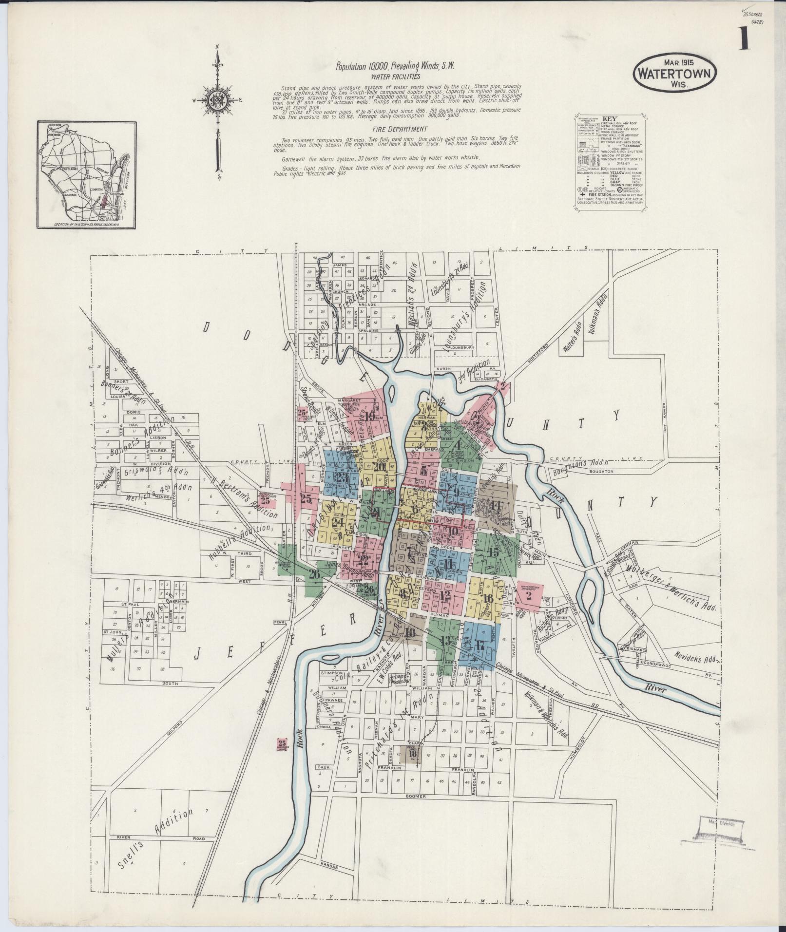 Sanborn Fire Insurance Map from Watertown, Jefferson County, Wisconsin (1915), Sheet #0002 - Historic Sanborn Fire Insurance Map Print, vintage old map wall art, antique decor, genealogy gift, Wisconsin Wisconsin map