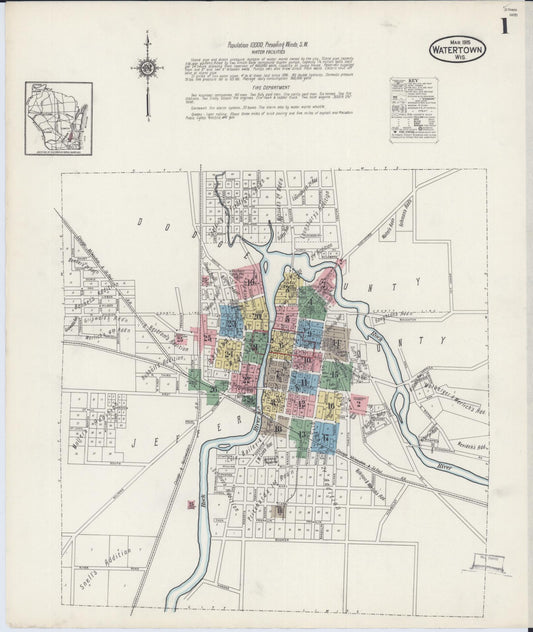 Sanborn Fire Insurance Map from Watertown, Jefferson County, Wisconsin (1915), Sheet #0002 - Historic Sanborn Fire Insurance Map Print, vintage old map wall art, antique decor, genealogy gift, Wisconsin Wisconsin map