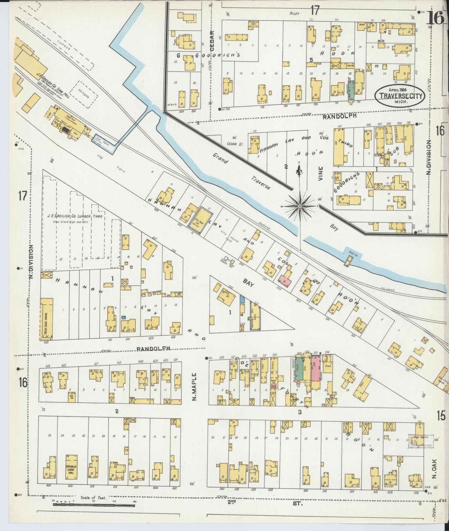 Sanborn Fire Insurance Map from Traverse City, Grand Traverse County, Michigan (1904), Sheet #0016 - Historic Sanborn Fire Insurance Map Print, vintage old map wall art, antique decor, genealogy gift, Michigan Michigan map