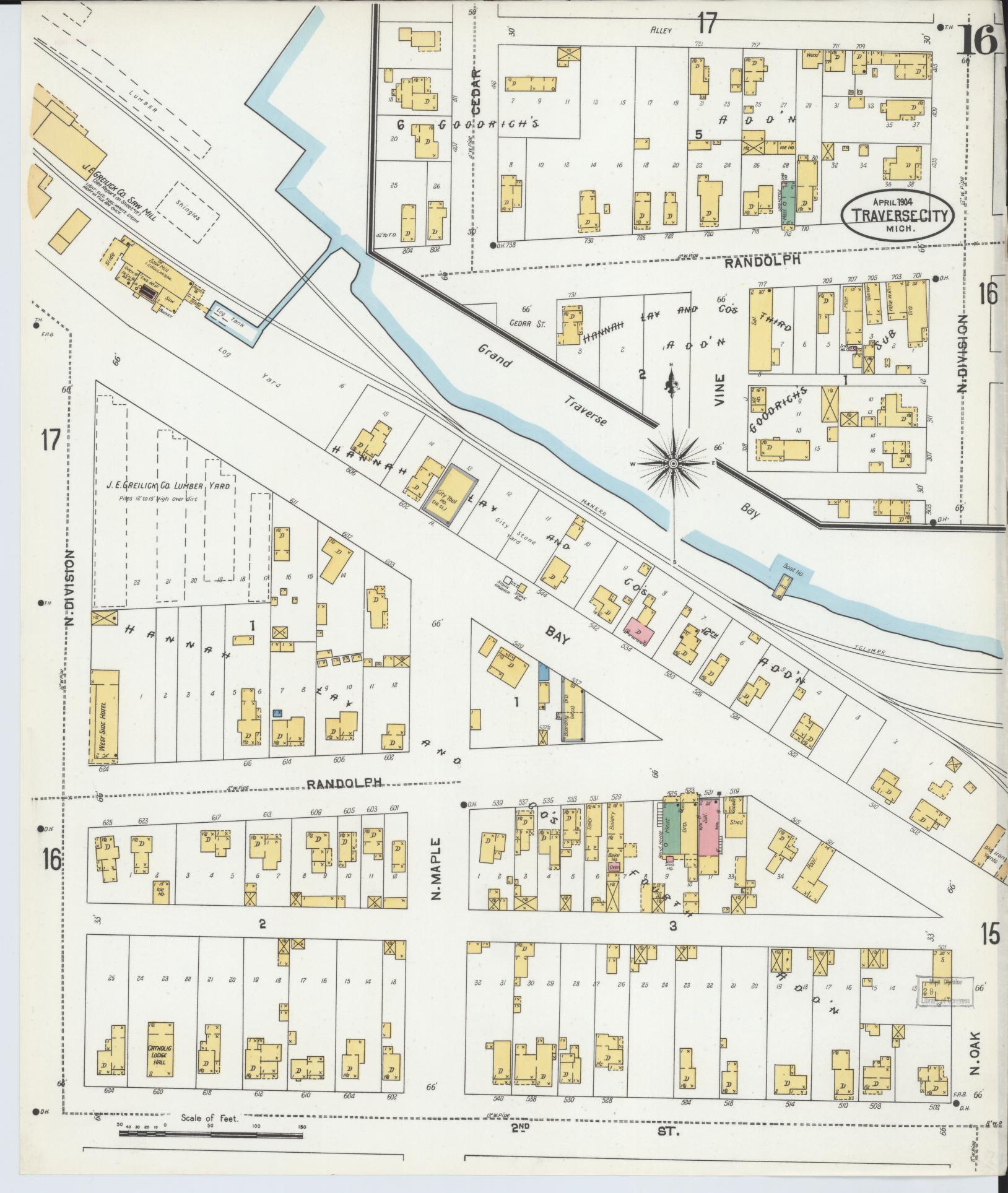 Sanborn Fire Insurance Map from Traverse City, Grand Traverse County, Michigan (1904), Sheet #0016 - Historic Sanborn Fire Insurance Map Print, vintage old map wall art, antique decor, genealogy gift, Michigan Michigan map
