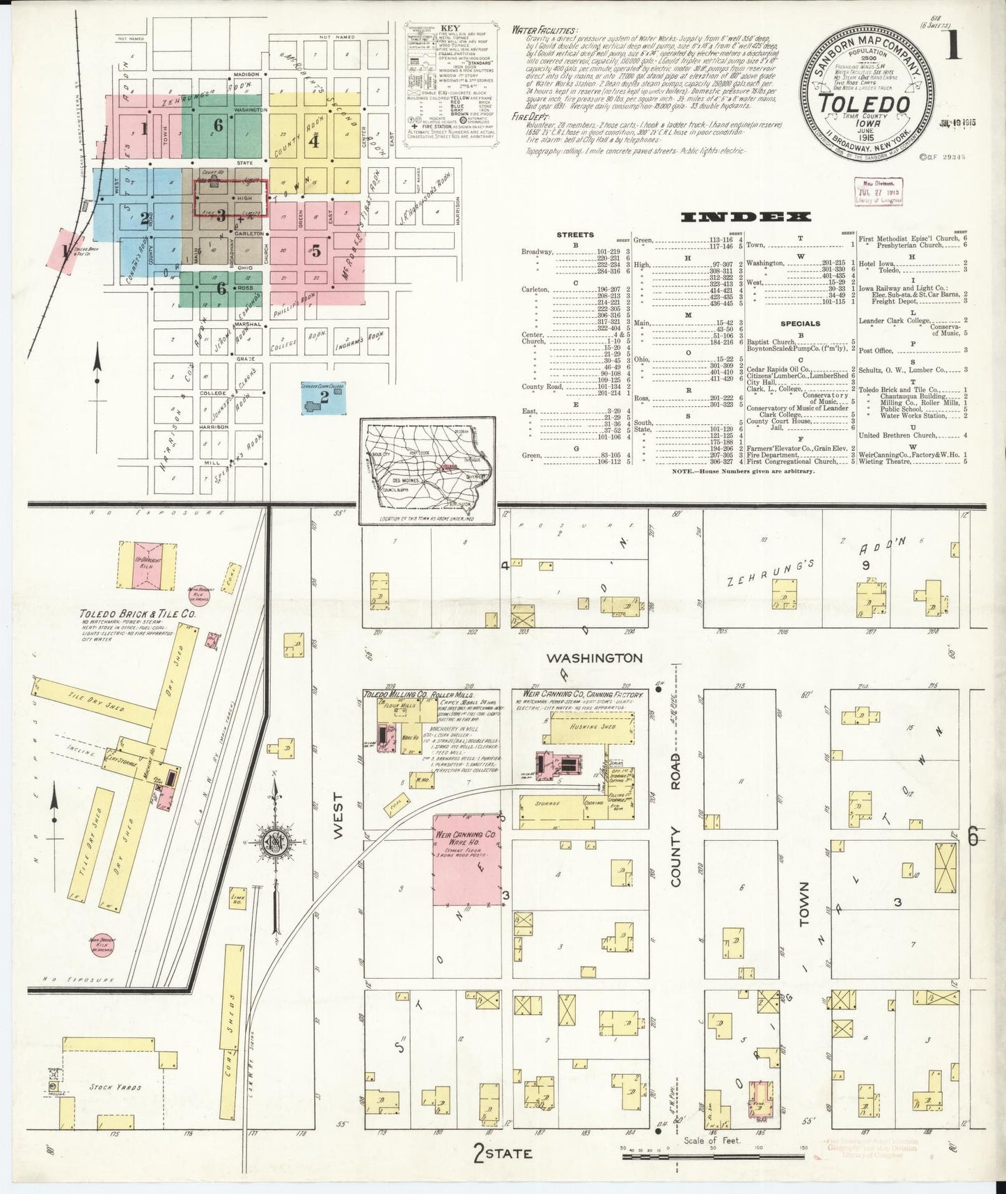 Sanborn Fire Insurance Map from Toledo, Tama County, Iowa (1915), Sheet #0001 - Historic Sanborn Fire Insurance Map Print