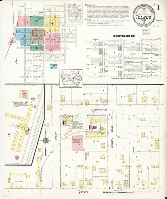 Sanborn Fire Insurance Map from Toledo, Tama County, Iowa (1915), Sheet #0001 - Historic Sanborn Fire Insurance Map Print