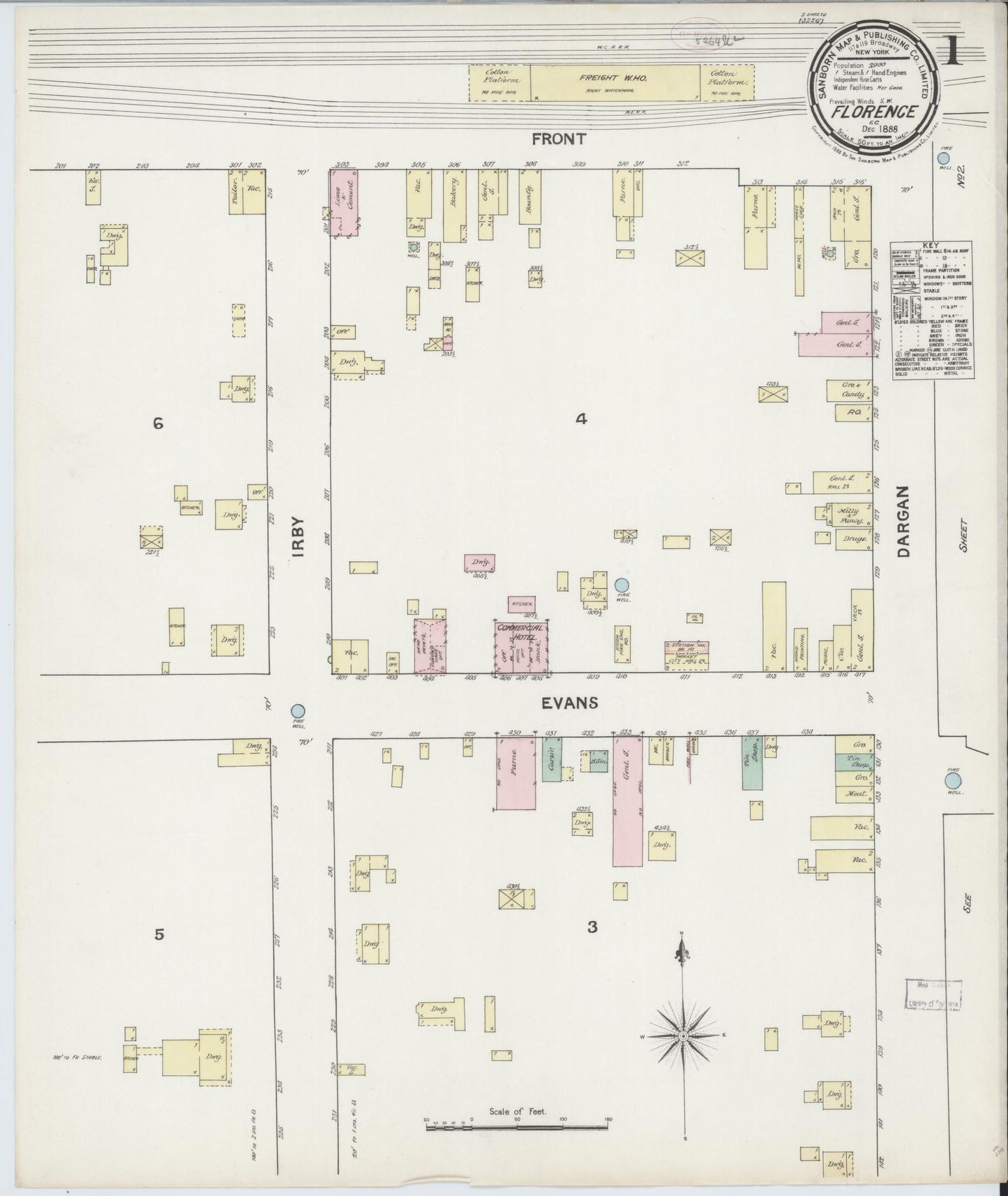 Sanborn Fire Insurance Map from Florence, Florence County, South Carolina (1888), Sheet #0001 - Complete Map Set gallery image, historic Sanborn map, vintage wall art, South Carolina South Carolina