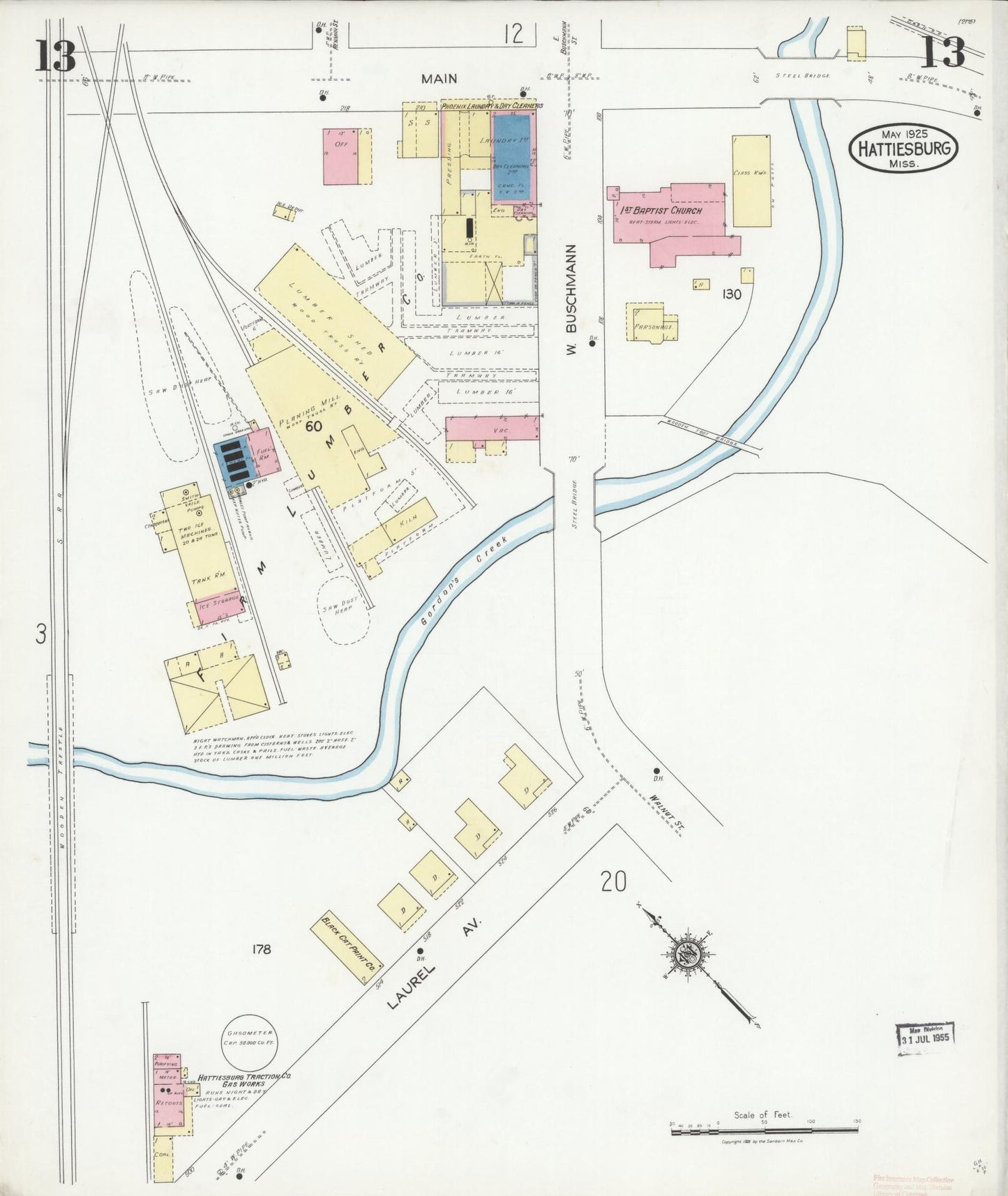 Sanborn Fire Insurance Map from Hattiesburg, Forrest County, Mississippi (1925), Sheet #0013 - Complete Map Set gallery image, historic Sanborn map, vintage wall art, Mississippi Mississippi