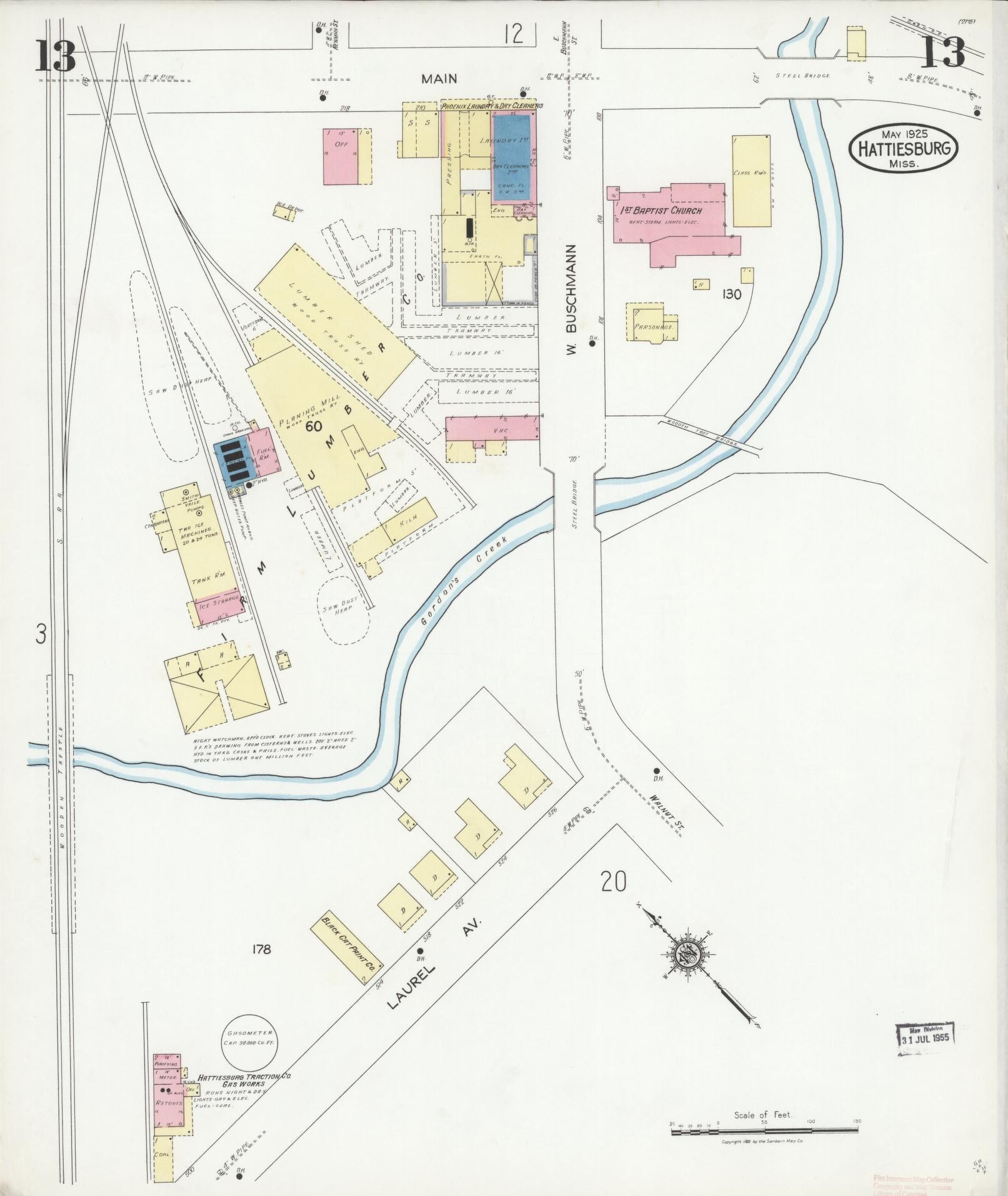 Sanborn Fire Insurance Map from Hattiesburg, Forrest County, Mississippi (1925), Sheet #0013 - Complete Map Set gallery image, historic Sanborn map, vintage wall art, Mississippi Mississippi