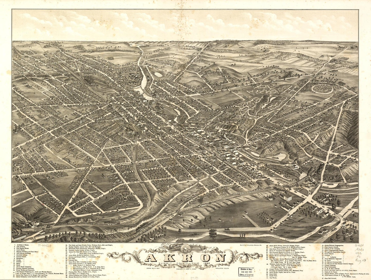 Panoramic view of the city of Akron, Summit County, Ohio 1882. (1882) – Historic Bird’s-Eye View Panorama Print