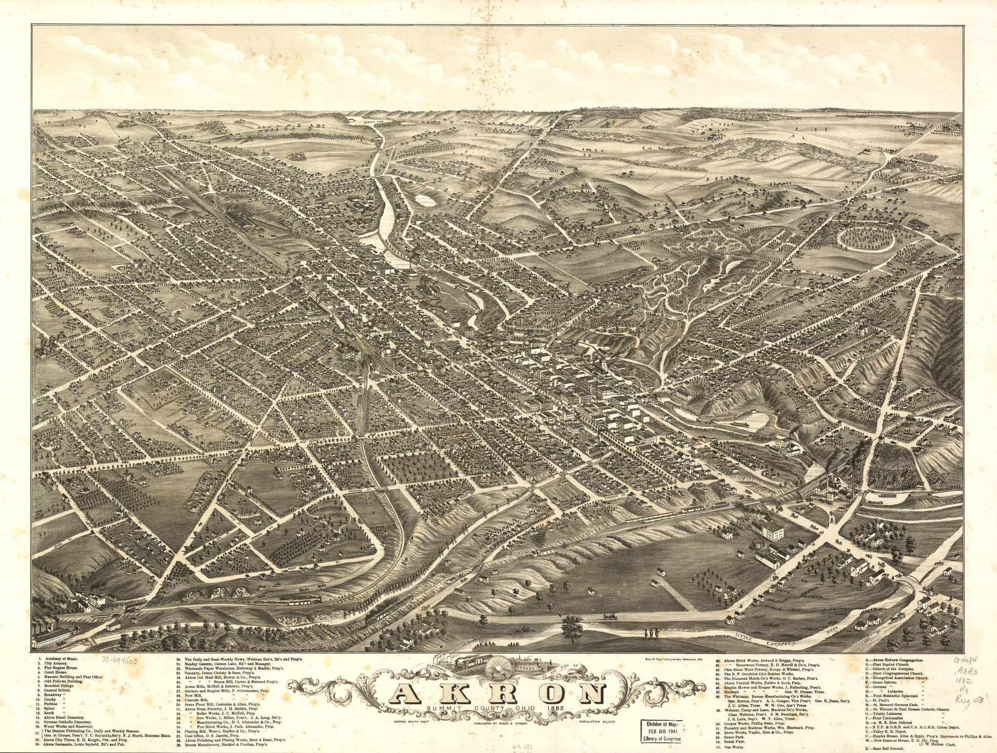 Panoramic view of the city of Akron, Summit County, Ohio 1882. (1882) – Historic Bird’s-Eye View Panorama Print