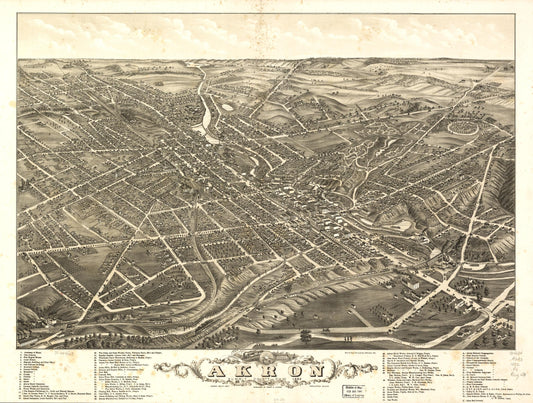 Panoramic view of the city of Akron, Summit County, Ohio 1882. (1882) – Historic Bird’s-Eye View Panorama Print