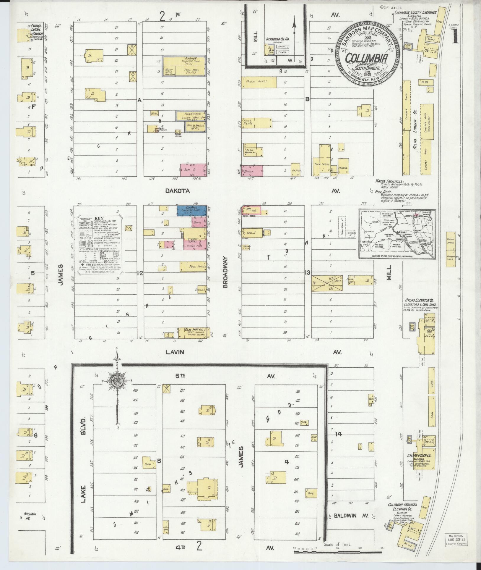 Sanborn Fire Insurance Map from Columbia, Brown County, South Dakota (1921), Sheet #0001 - Historic Sanborn Fire Insurance Map Print, vintage old map wall art, antique decor, genealogy gift, South Dakota South Dakota map