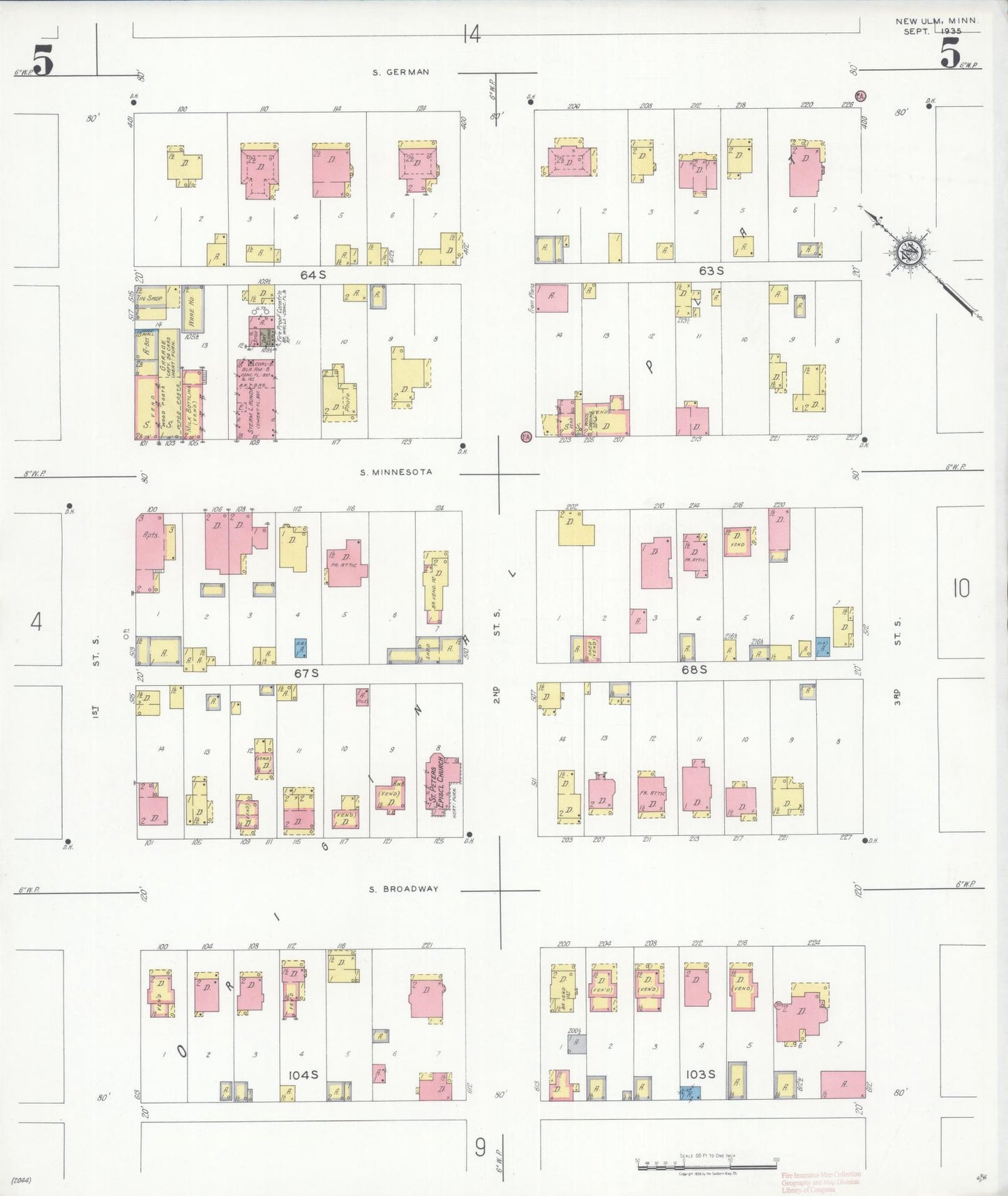 Sanborn Fire Insurance Map from New Ulm, Brown County, Minnesota (1935), Sheet #0005 - Historic Sanborn Fire Insurance Map Print, vintage old map wall art, antique decor, genealogy gift, Minnesota Minnesota map