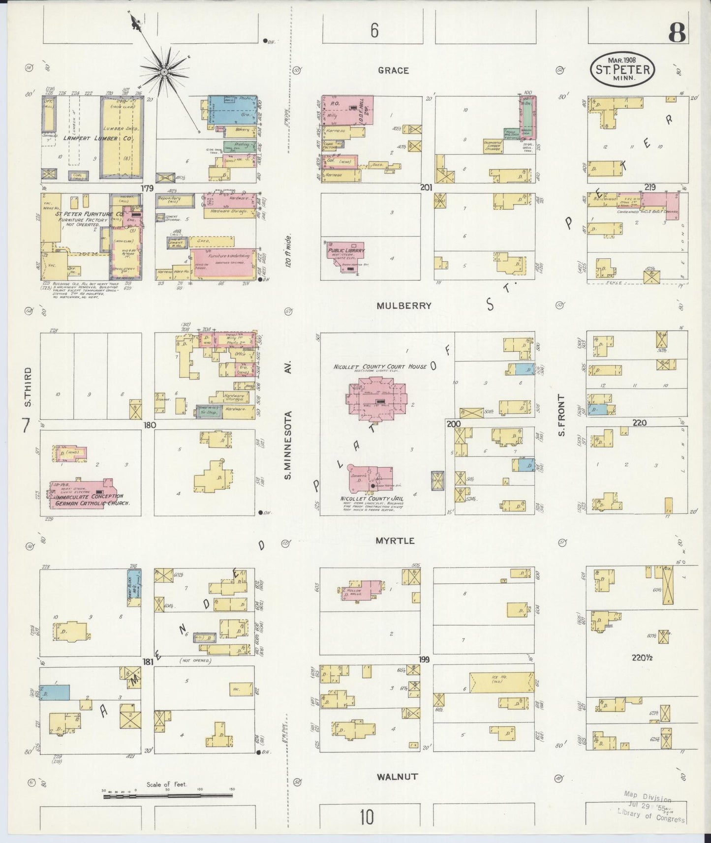 Sanborn Fire Insurance Map from Saint Peter, Nicollet County, Minnesota (1908), Sheet #0008 - Complete Map Set gallery image, historic Sanborn map, vintage wall art, Minnesota Minnesota