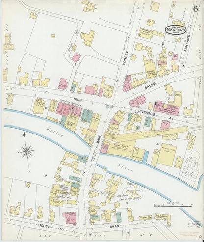 Sanborn Fire Insurance Map from Medford, Middlesex County, Massachusetts (1892), Sheet #0006 - Historic Sanborn Fire Insurance Map Print, vintage old map wall art, antique decor, genealogy gift, Massachusetts Massachusetts map