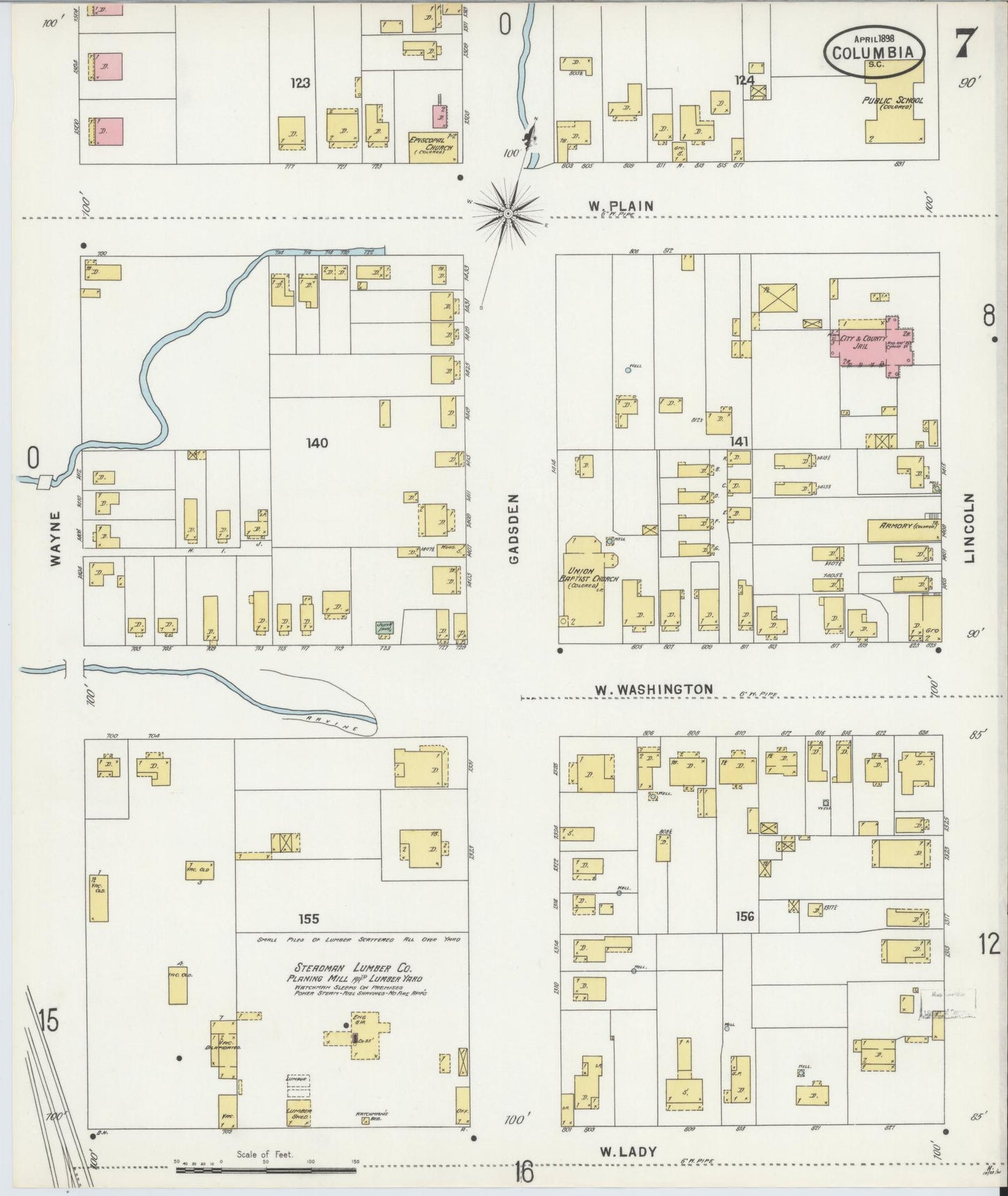 Sanborn Fire Insurance Map from Columbia, Richland County, South Carolina (1898), Sheet #0007 - Complete Map Set gallery image, historic Sanborn map, vintage wall art, South Carolina South Carolina