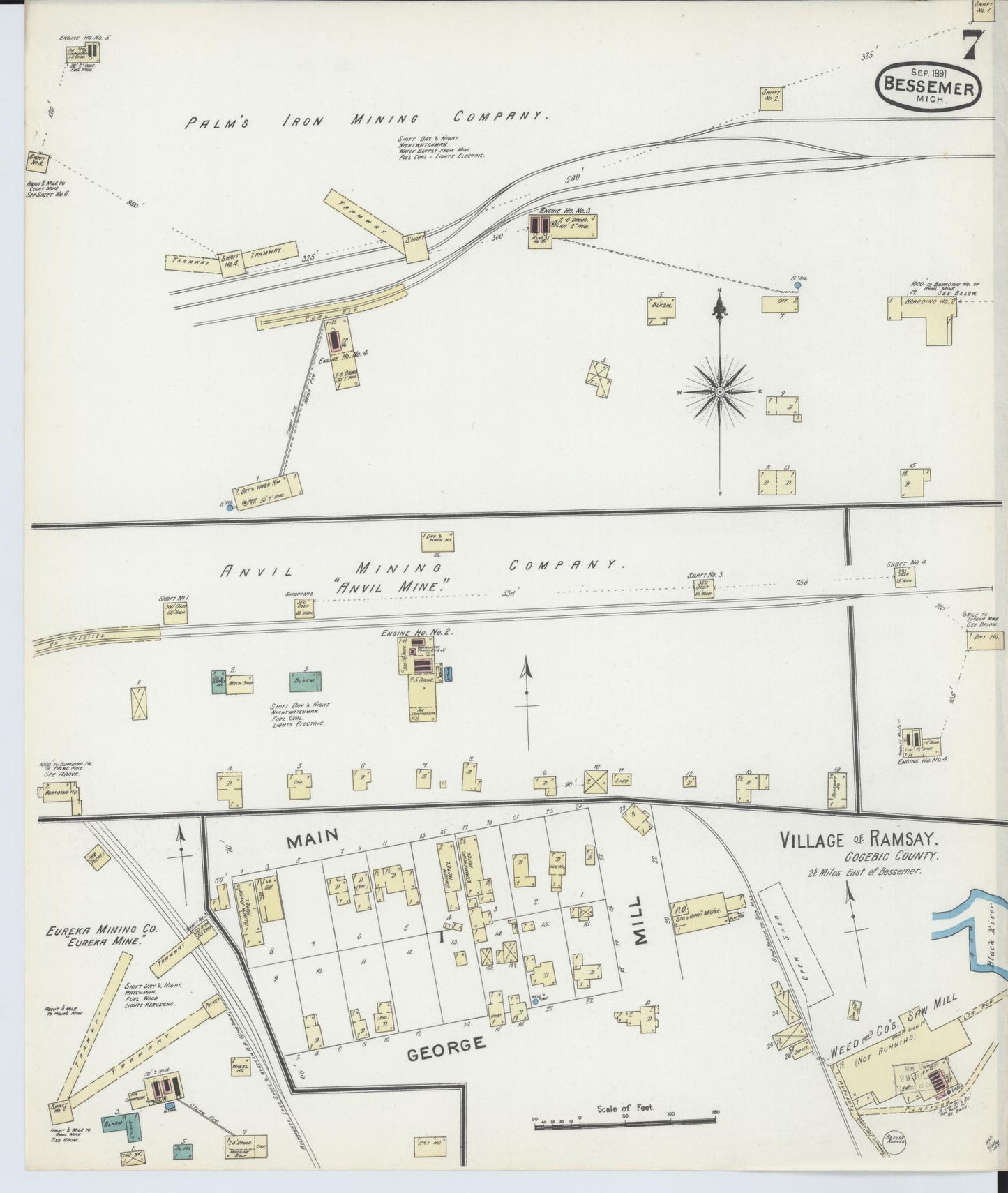Sanborn Fire Insurance Map from Bessemer, Gogebic County, Michigan (1891), Sheet #0007 - Historic Sanborn Fire Insurance Map Print, vintage old map wall art, antique decor, genealogy gift, Michigan Michigan map