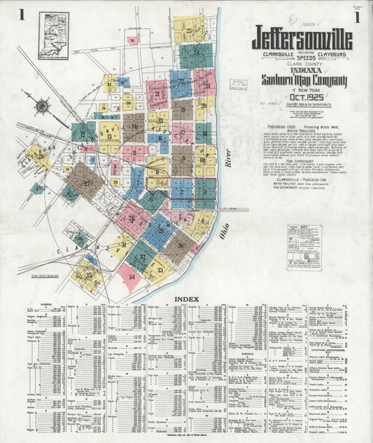 Sanborn Fire Insurance Map from Jeffersonville, Clark County, Indiana (1925), Sheet #0001 - Historic Sanborn Fire Insurance Map Print, vintage old map wall art, antique decor, genealogy gift, Indiana Indiana map