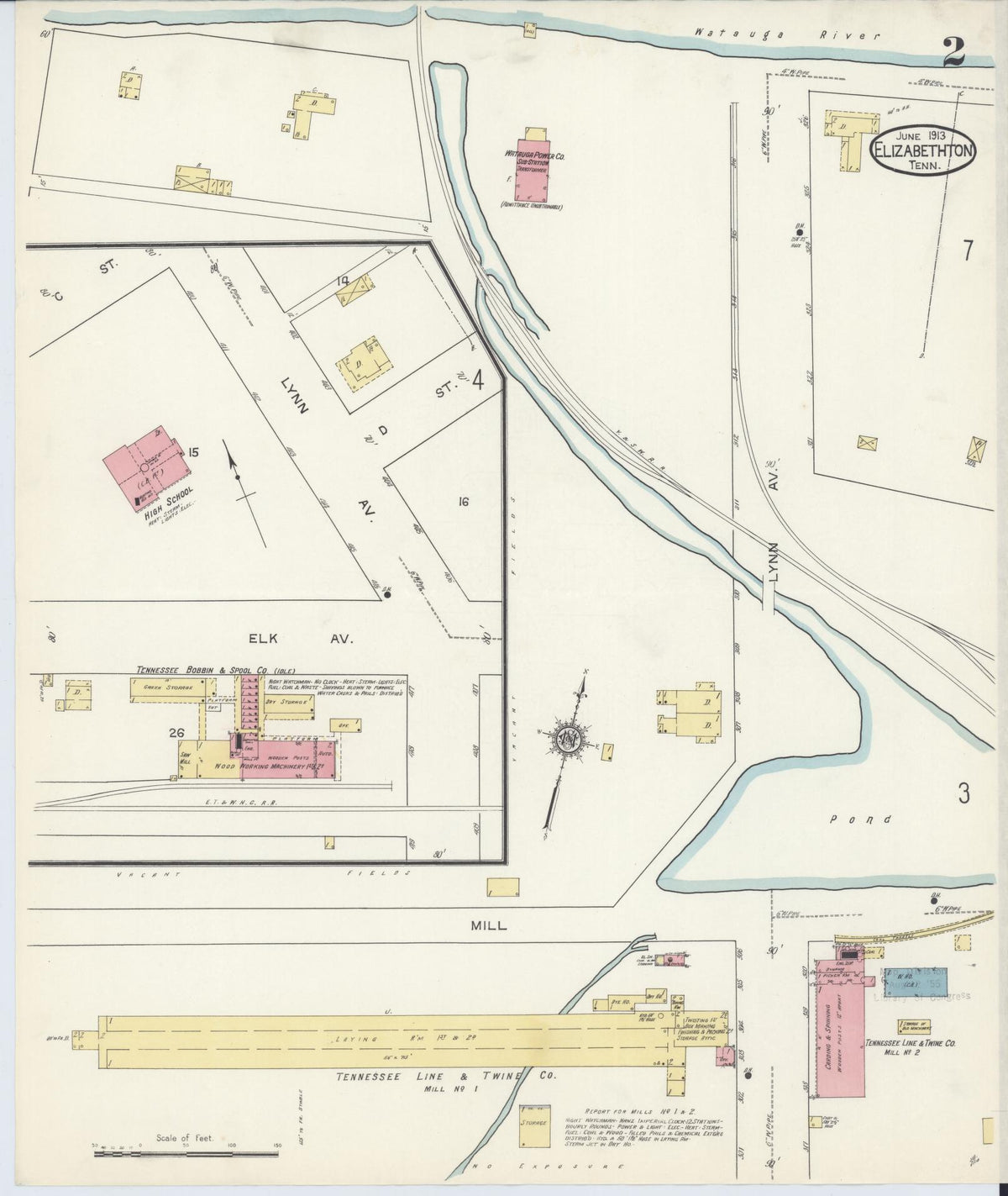 Sanborn Fire Insurance Map from Elizabethton, Carter County, Tennessee (1913), Sheet #0002 - Historic Sanborn Fire Insurance Map Print, vintage old map wall art, antique decor, genealogy gift, Tennessee Tennessee map