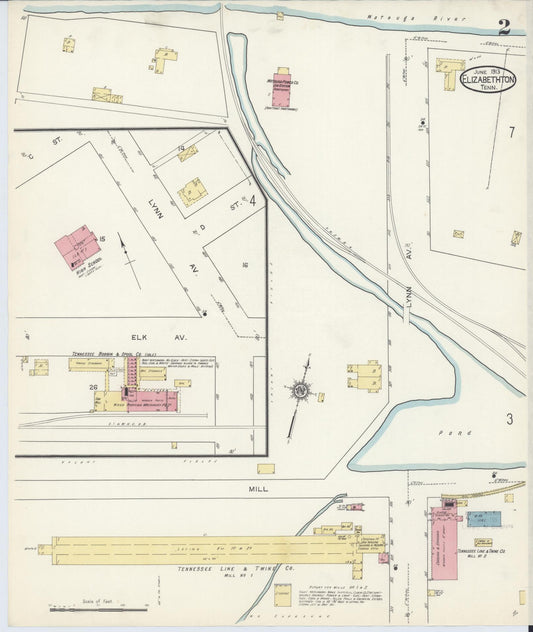 Sanborn Fire Insurance Map from Elizabethton, Carter County, Tennessee (1913), Sheet #0002 - Historic Sanborn Fire Insurance Map Print, vintage old map wall art, antique decor, genealogy gift, Tennessee Tennessee map
