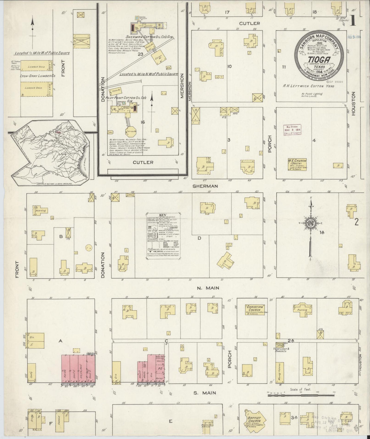 Sanborn Fire Insurance Map from Tioga, Grayton County, Texas (1914), Sheet #0001 - Complete Map Set gallery image, historic Sanborn map, vintage wall art, Texas Texas