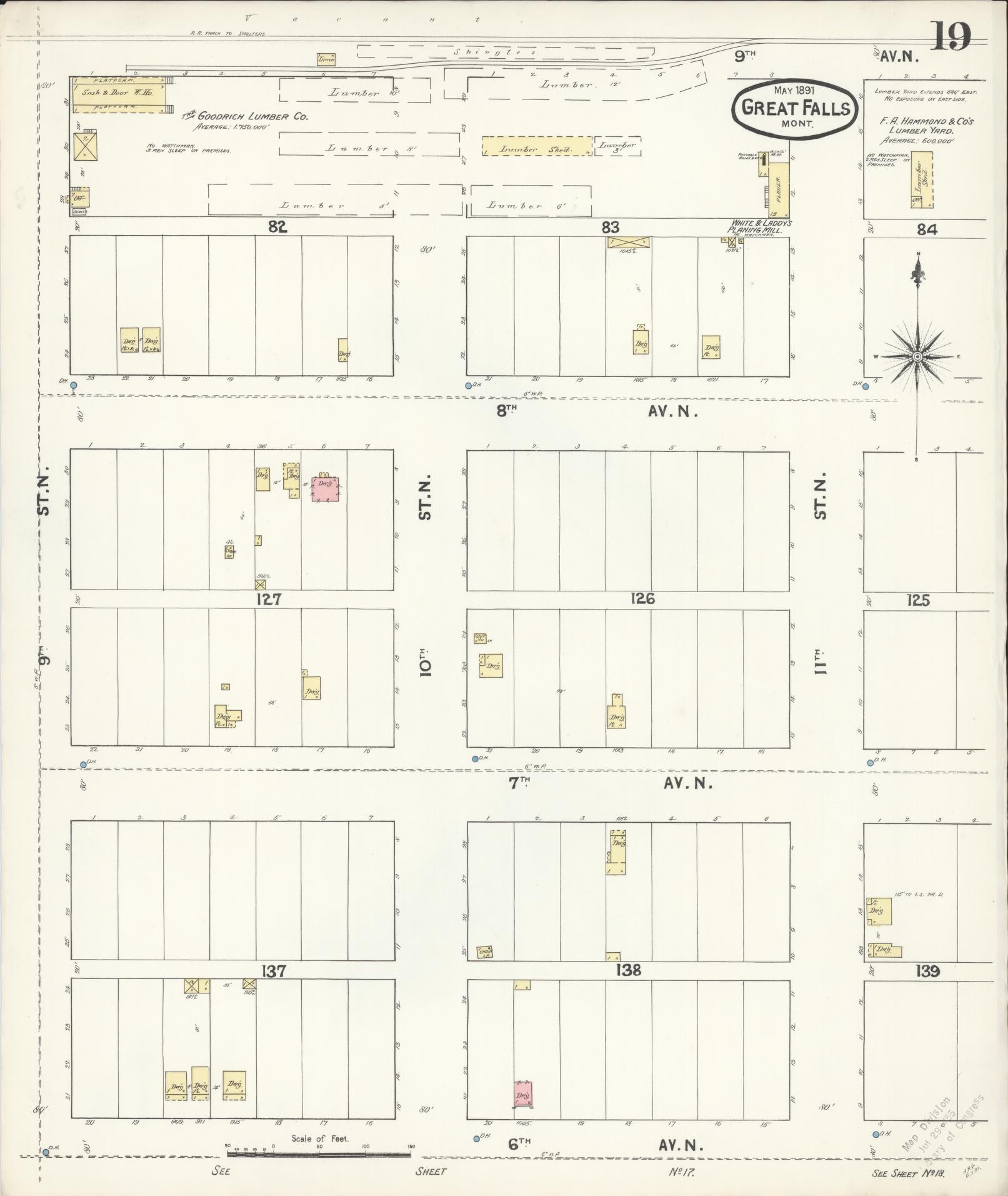 Sanborn Fire Insurance Map from Great Falls, Cascade County, Montana (1891), Sheet #0019 - Historic Sanborn Fire Insurance Map Print, vintage old map wall art, antique decor, genealogy gift, Montana Montana map