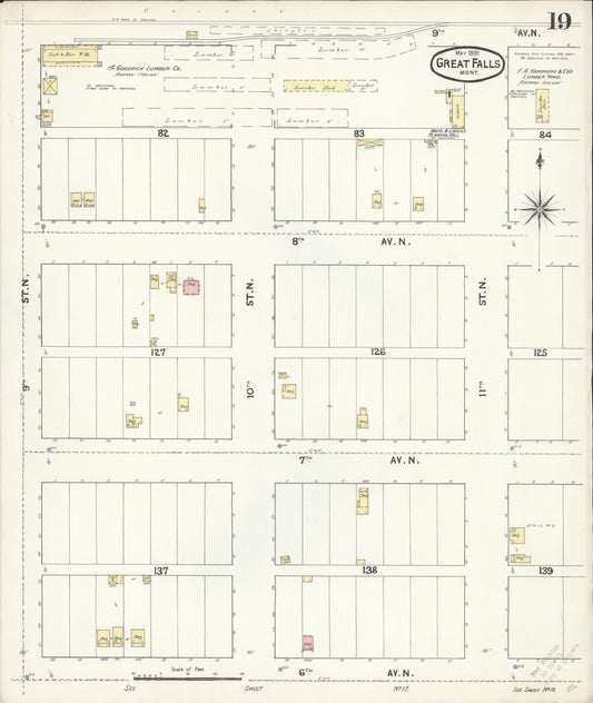 Sanborn Fire Insurance Map from Great Falls, Cascade County, Montana (1891), Sheet #0019 - Historic Sanborn Fire Insurance Map Print, vintage old map wall art, antique decor, genealogy gift, Montana Montana map