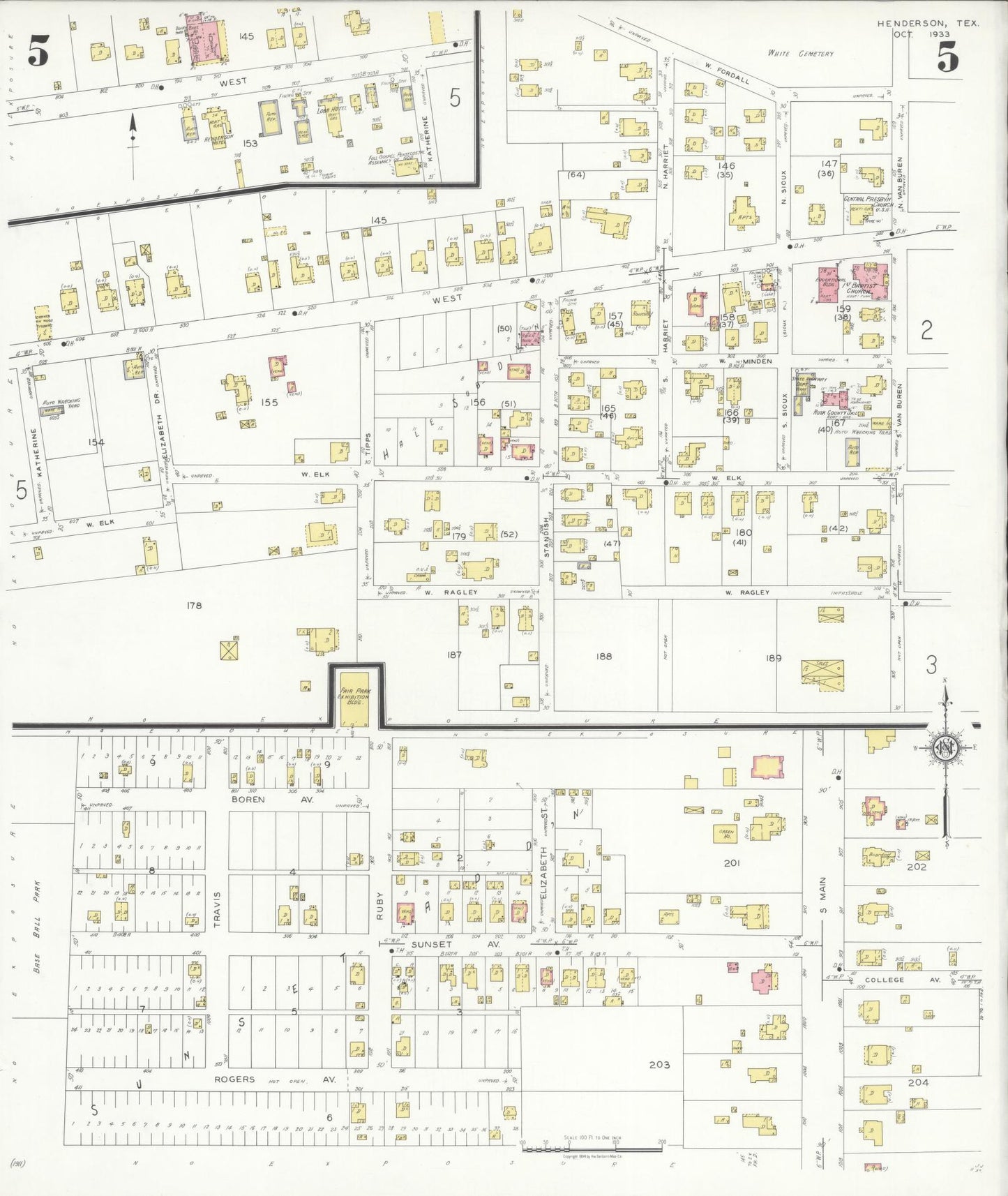 Sanborn Fire Insurance Map from Henderson, Rusk County, Texas (1933), Sheet #0005 - Complete Map Set gallery image, historic Sanborn map, vintage wall art, Texas Texas