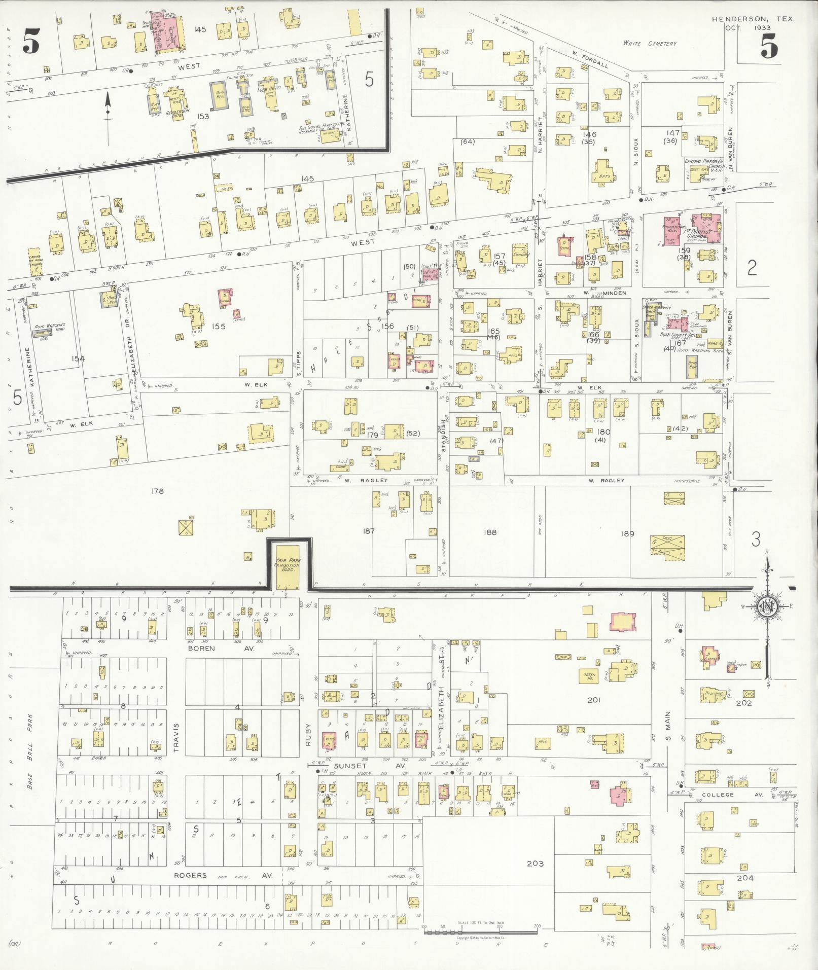 Sanborn Fire Insurance Map from Henderson, Rusk County, Texas (1933), Sheet #0005 - Complete Map Set gallery image, historic Sanborn map, vintage wall art, Texas Texas