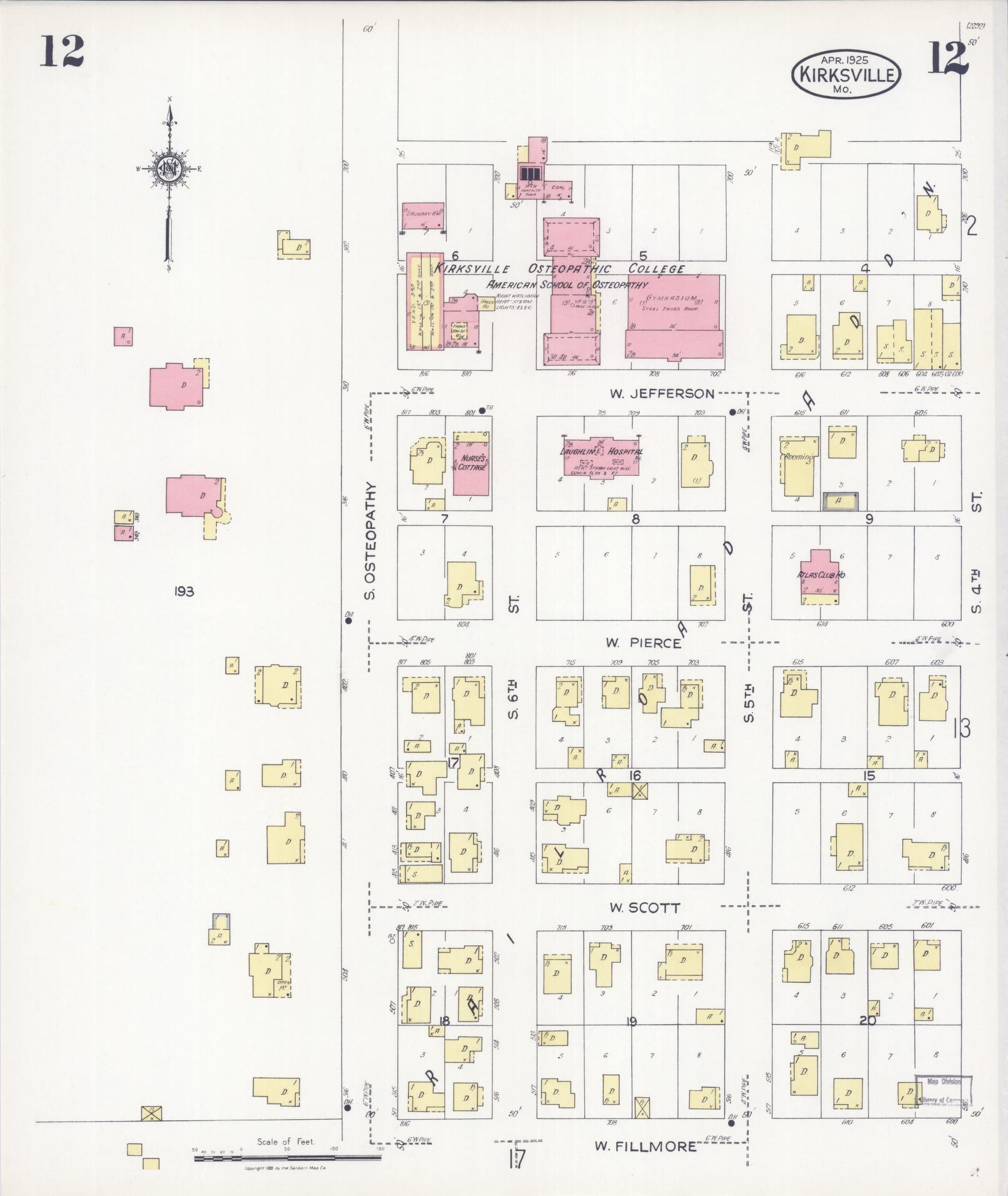 Sanborn Fire Insurance Map from Kirksville, Adair County, Missouri (1925), Sheet #0012 - Historic Sanborn Fire Insurance Map Print, vintage old map wall art, antique decor, genealogy gift, Missouri Missouri map