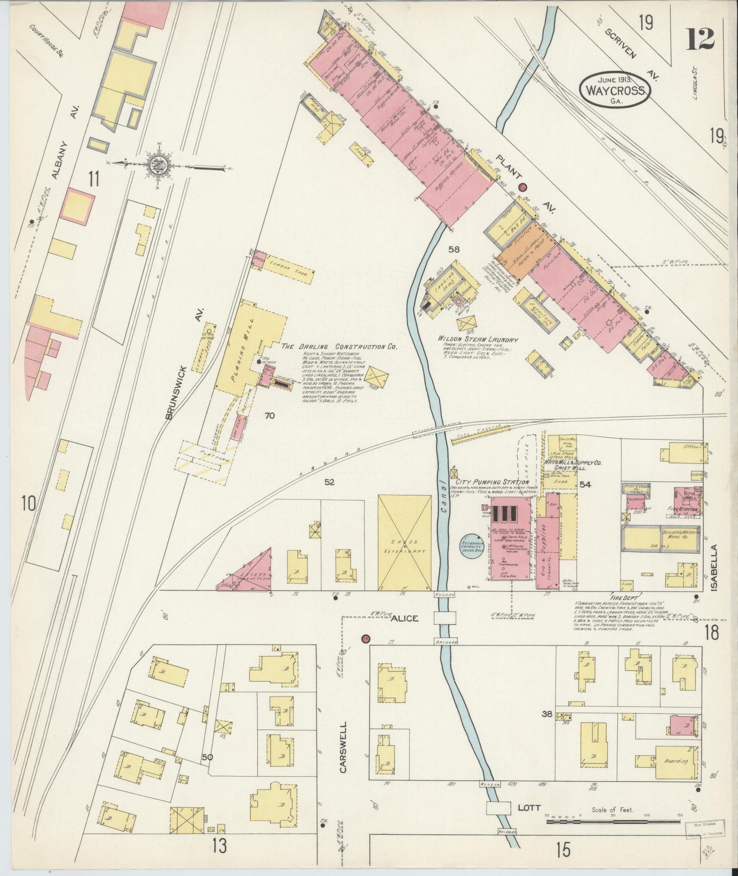 Sanborn Fire Insurance Map from Waycross, Ware County, Georgia (1913), Sheet #0012 - Complete Map Set gallery image, historic Sanborn map, vintage wall art, Georgia Georgia
