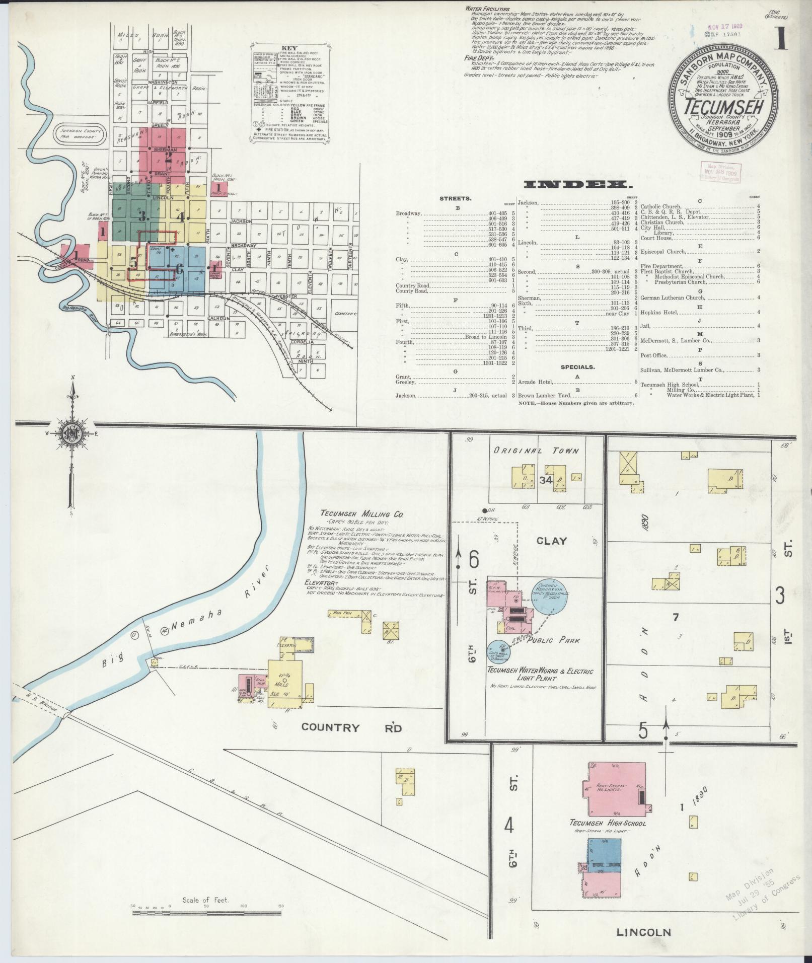 Sanborn Fire Insurance Map from Tecumseh, Johnson County, Nebraska (1909), Sheet #0001 - Complete Map Set gallery image, historic Sanborn map, vintage wall art, Nebraska Nebraska