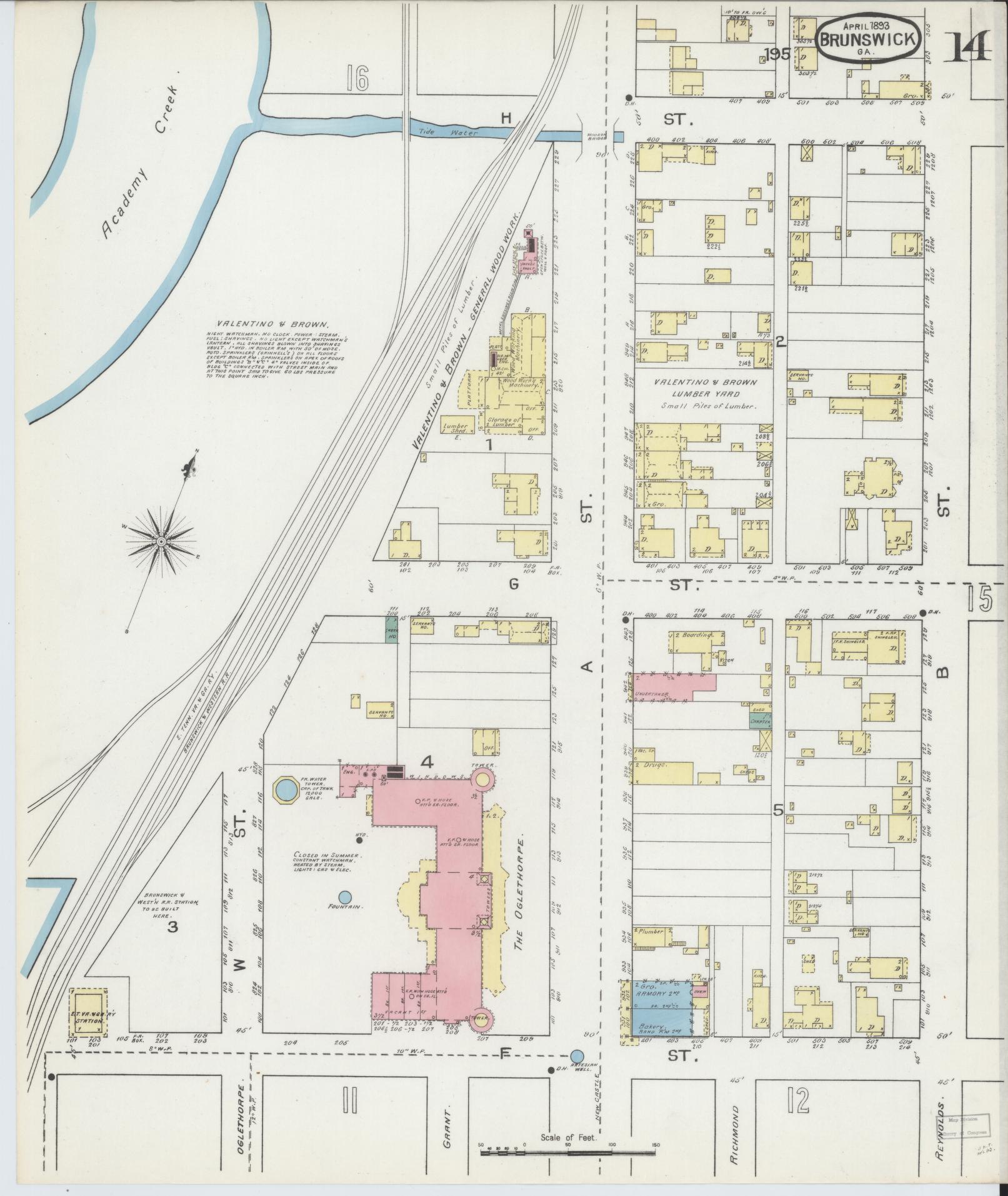 Sanborn Fire Insurance Map from Brunswick, Glynn County, Georgia (1893), Sheet #0014 - Complete Map Set gallery image, historic Sanborn map, vintage wall art, Georgia Georgia