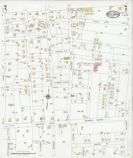 Sanborn Fire Insurance Map from Bellmore, Nassau County, New York (1927), Sheet #0007 - Historic Sanborn Fire Insurance Map Print, vintage old map wall art, antique decor, genealogy gift, New York New York map