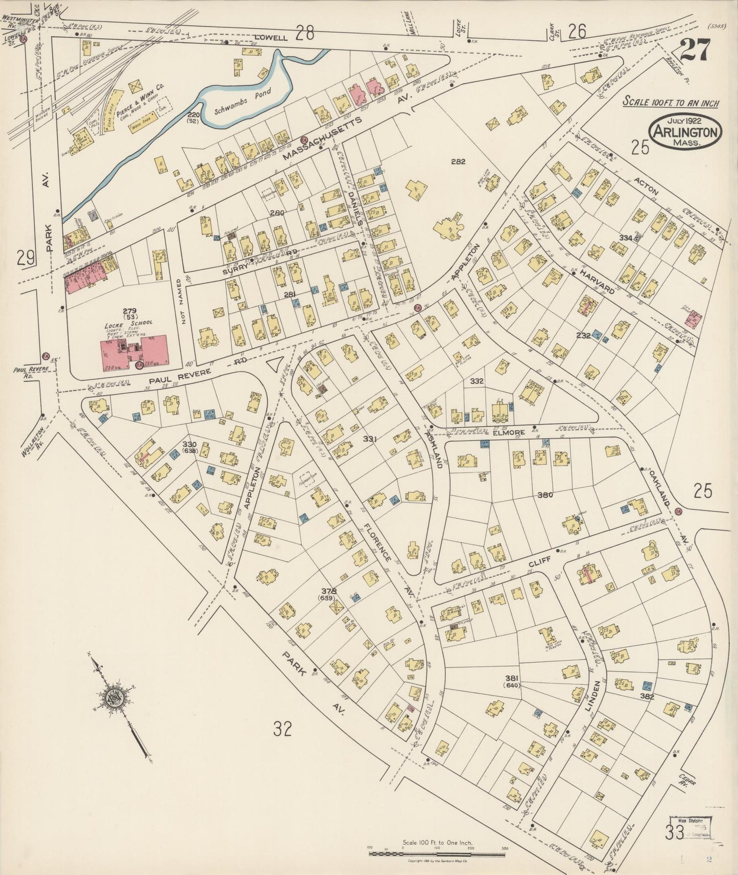 Sanborn Fire Insurance Map from Arlington, Middlesex County, Massachusetts (1922), Sheet #0027 - Complete Map Set gallery image, historic Sanborn map, vintage wall art, Massachusetts Massachusetts