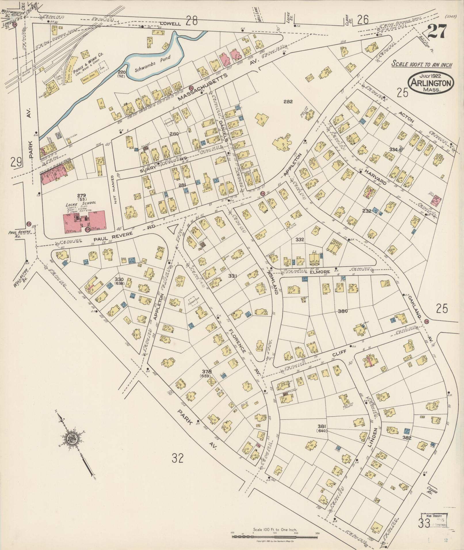 Sanborn Fire Insurance Map from Arlington, Middlesex County, Massachusetts (1922), Sheet #0027 - Complete Map Set gallery image, historic Sanborn map, vintage wall art, Massachusetts Massachusetts