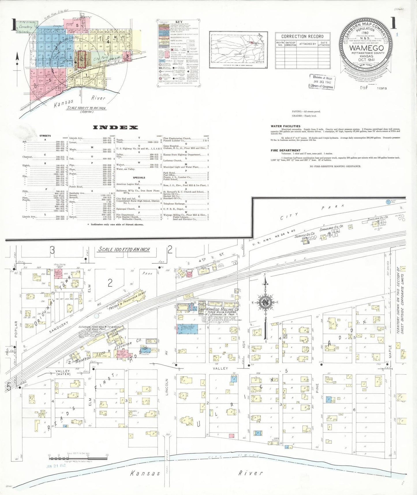 Sanborn Fire Insurance Map from Wamego, Pottawatomie County, Kansas (1941), Sheet #0001 - Historic Sanborn Fire Insurance Map Print, vintage old map wall art, antique decor, genealogy gift, Kansas Kansas map