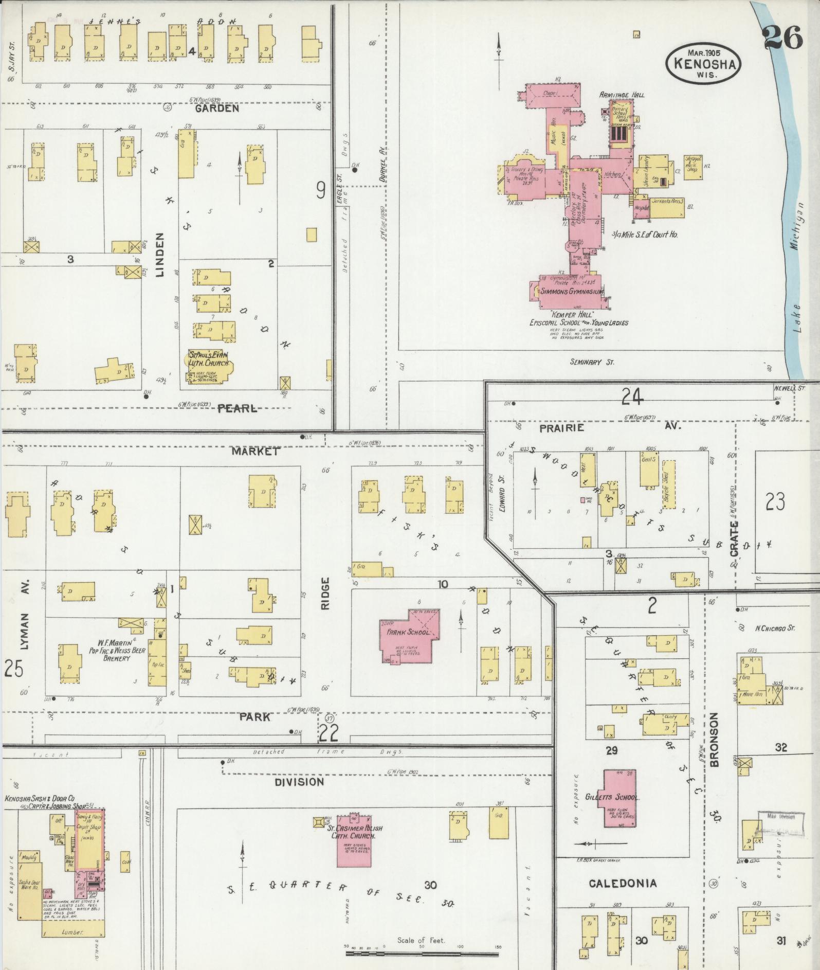 Sanborn Fire Insurance Map from Kenosha, Kenosha County, Wisconsin (1905), Sheet #0026 - Complete Map Set gallery image, historic Sanborn map, vintage wall art, Wisconsin Wisconsin