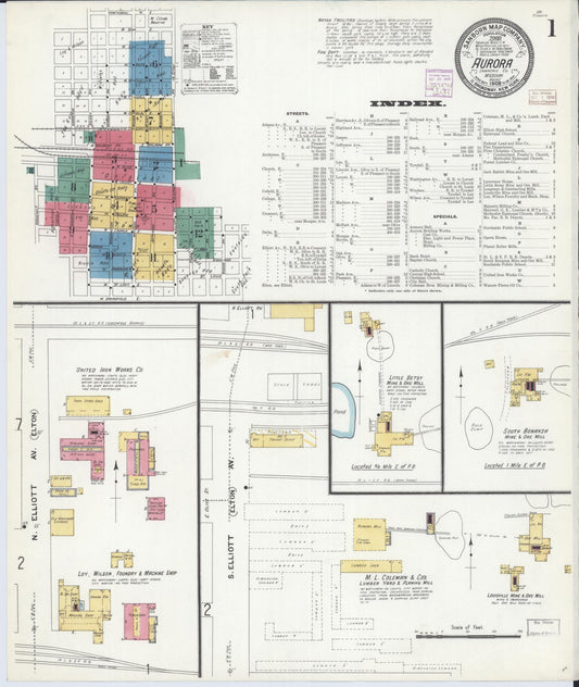 Sanborn Fire Insurance Map from Aurora, Lawrence County, Missouri (1908), Sheet #0001 - Historic Sanborn Fire Insurance Map Print, vintage old map wall art, antique decor, genealogy gift, Missouri Missouri map