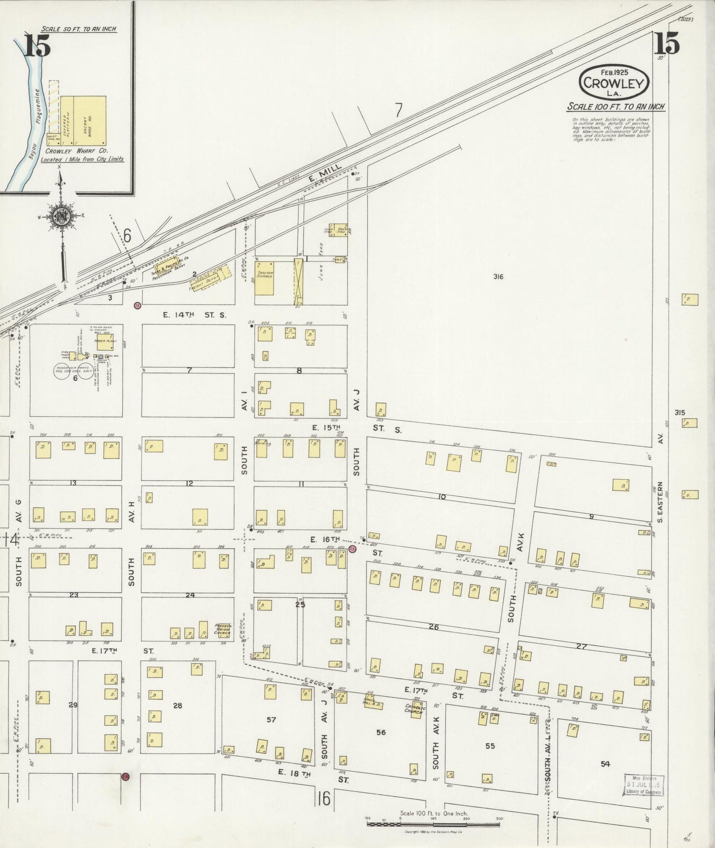 Sanborn Fire Insurance Map from Crowley, Acadia Parish, Louisiana (1925), Sheet #0015 - Historic Sanborn Fire Insurance Map Print, vintage old map wall art, antique decor, genealogy gift, Louisiana Louisiana map
