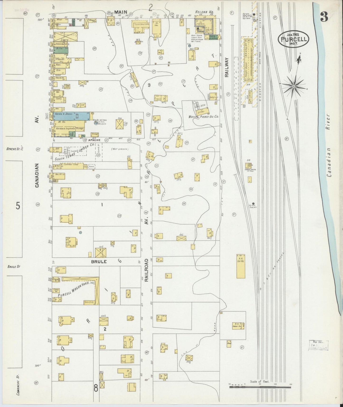 Sanborn Fire Insurance Map from Purcell, McClain County, Oklahoma (1902), Sheet #0003 - Historic Sanborn Fire Insurance Map Print, vintage old map wall art, antique decor, genealogy gift, Oklahoma Oklahoma map