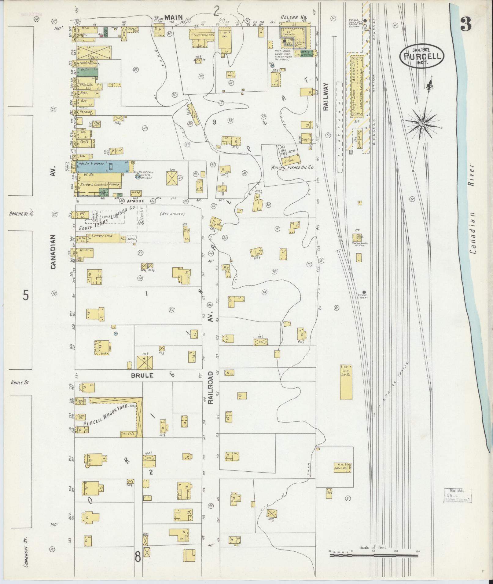 Sanborn Fire Insurance Map from Purcell, McClain County, Oklahoma (1902), Sheet #0003 - Historic Sanborn Fire Insurance Map Print, vintage old map wall art, antique decor, genealogy gift, Oklahoma Oklahoma map